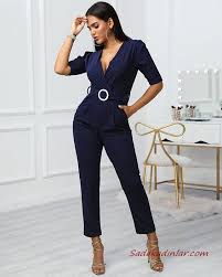 2020 Bayan Abiye Tulum Modelleri Saks Mavi Omzu Acik Dusuk Kol Firfirli Yaka Kemerli 2020 Tulumlar Yarim Kol Moda Stilleri