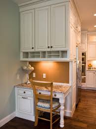 kitchen desk area with white cabinets