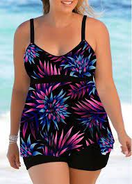 Rotita Plus Size Spaghetti Strap Plant Print Tankini Set Rotita Com Usd 27 87 In 2021 Plus Size Swimwear Plus Size Bikini Printed Tankini
