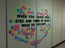 When You Close Your Eyes And Think Of Peace What Do You See Bulletin Board Library Remembrance Day World Peace Day International Day Of Peace Peace Crafts