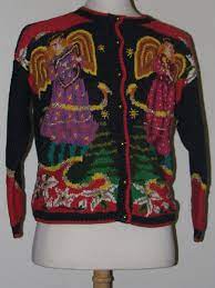 Womens Discount Flawed Tired And Ugly Christmas Sweater Cardigan Bay Womens Discount Less Than Perfect Ugly Christmas Sweater Main Features Blue With Angels Main Flaws Small Hole