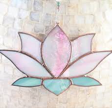 Find free flower patterns for stained glass in this ever growing list of free patterns found on the internet. Stained Glass Suncatcher Pink Lotus Flower By Sunriseglassstudio Faux Stained Glass Stained Glass Flowers Stained Glass Diy