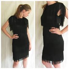 1990s Black Fringed Dress 90s Black Party Dress With Fringe Hw Collections Small By Basyaberkman On E Black Fringe Dress Black Party Dresses Fringe Dress