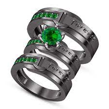 1 94 Ct Green Sapphire Trio Wedding Set Matching Engagement Ring Black Gold Over Black Engagement Ring Black Gold Ring Engagement Rings