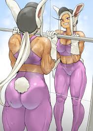 shosho oekaki, mirko, boku no hero academia, highres, 1girl, animal ears,  ass, baseball cap, breasts, butt crack, cleavage, exercising, gloves, grey  eyes, hat, leggings, midriff, mirror, muscular, muscular female, ponytail,  pullups, rabbit