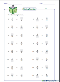Equivalent fractions worksheets for 4th grade and 5th grade, 6th grade, 7th grade and middle school. Fraction Missing Number Worksheet