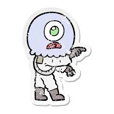Pointing Alien Spaceman Cyclops Eye Eyeball Cute Cartoon Sticker Distressed Grunge Realistic Torn Ripped Old Decal Icon Stick Drawing Illustration Retro Doodle Freehand Free Hand Drawn Quirky Art Artwork Funny Character Stock *cyclops' eye is now attuned to «element»! pointing alien spaceman cyclops eye