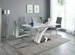 Choose from 2, 4, 6 seater, fixed or extendable dining sets. Pescara High Gloss Dining Table Set And 6 Upholstered Grey And White Chairs 758114737885 Ebay