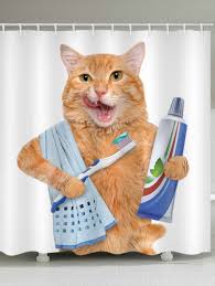 Tooth Brushing Cat Print Waterproof Shower Curtain Multicolor W71 Inch L79 Inch Animal Shower Curtain Morning Cat