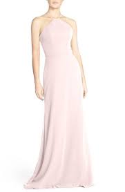 Hayley Paige Occasions Strappy V Back Chiffon Halter Gown Wedding Gown Halter Pastel Bridesmaid Dresses