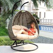 Deluxe Swing Chair Outdoor Furniture Pe Rattan Wicker Hanging Hammock With Stand Cushioned Loveseat Chais Swing Chair Outdoor Porch Swing Chair Swinging Chair