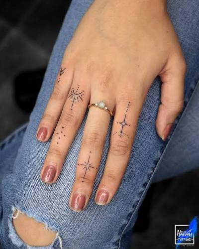 Small lines, big energy ✨ These minimal finger tattoos are all about elegance, symmetry and personal magic. Tiny details… timeless vibe. 🔮💫 #blueheaventattooz #fingerstattoo #minimaltattoos Artist @sweta_finazgaman (Blue Heaven Tattooz, Finger Tattoos,