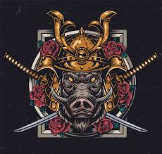 Hog Samurai With Red Roses Illustration Samurai Helmet Star Wars Drawings Vector Illustration
