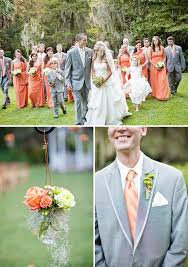 Love The Idea Of Light Colored Tuxes They Look So Adorable With The Peach Bridesmaid Dresses 3 Wedding Inspiration Orange Wedding Peach Wedding