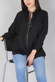 Salas Fermuarli Bayan Gomlek Siyah Renkli Trend Giysen Moda Stilleri Trendler Gomlek