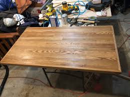 Because board widths can vary, sometimes of course, you can always cut down a too big tabletop, or add more boards to make a small tabletop larger. First Attempt At Making A Desk Table Top Had Leftover Oak Hardwood Floor Planks I M Happy With It Woodworking