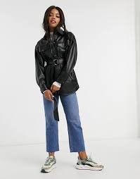 Pull Bear Faux Leather Belted Shirt Jacket In Black Asos In 2020 Shirt Jacket Leather Shirt Belted Shirt