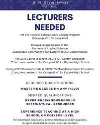 Lecturers Needed For The Hoakalei Scholars Early College Program Courses Taught Are Part Of The Bachelor Of Applied Scienc Applied Science Teaching Lecture