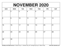 November 2020 Calendar In 2020 November Calendar 2020 Calendar Template Calendar Printables