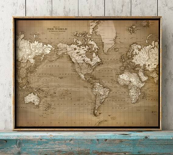Antique World Map Print: Brownish Tones, Old World Chart