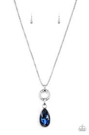 Item P2re Blxx 214xx Encrusted In Glittery White Rhinestones A Shimmery Silver Ring Gives Way To A Dramatic Blue Gem Teardrop In 2019 Paparazzi Jewelry Blue Necklace Jewelry