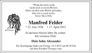 Traueranzeigen von Manfred Felder