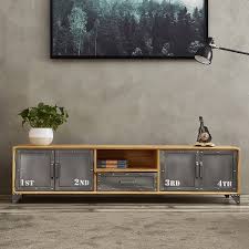 Find your tv console design style modern industrial. 70 9 Modern Industrial Tv Console With Doors Shelves Distressed Gray Natural Cable Management