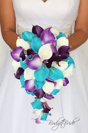 Purple And Turquoise Cascading Brides Bouquet Purple Wedding Flowers Purple Calla Lilies Calla Lily Wedding