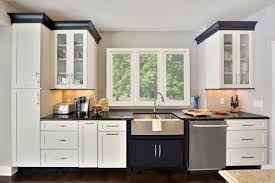 White Cabinets With Black Crown Molding And Frosted Glass Doors Frame Kitchen Window Kitchen Cabinet Styles Open Floor Plan Kitchen White Kitchen Rustic