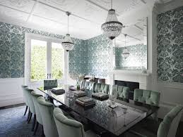 Teal Damask Wallpaper Transitional Dining Room Denai Kulcsar Interiors Beautiful Dining Rooms Velvet Dining Chairs Dining Room Teal