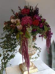 Garden Urn Arrangement With Hydrangea Roses Peony Delphinium Heather Veronica Bleeding Hearts Stoc Memorial Flowers Urn Arrangements Flower Arrangements