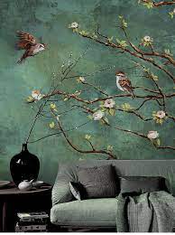 vintage dark birds and flowers wallpaper nature wall mural floral wall art wall decal dark green wall sticke bloemen behang muurschildering behang behang