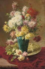 Henri Biva Chrysanthemums And Roses In A Vase On A Salver Flower Art Flower Painting Floral Art