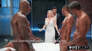 Four muscular black men with huge fat cocks bang a blonde bride in her  tight pussy while her husband is sitting in the cuck chair as a spectator