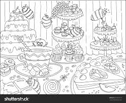 Black And White Hand Drawn Illustration With Funny Bees In Sweetshop Artwork With Cakes Sweets And Ca Coloring Books How To Draw Hands Cupcake Coloring Pages