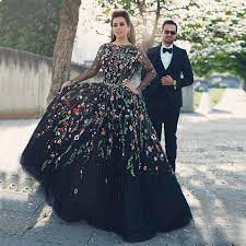 .dress with flowers, unique formal dress n2063, cheap prom dress, formal dress, long dresses can be made with custom sizes and color, wholesale and retail are also warmly welcomed. 3d Floral Flowers Pattern Arabic Long Sleeve Dress Evening Scoop Neck Vintage Embroidery Tulle Black Prom Dresses Evening Dresses Aliexpress