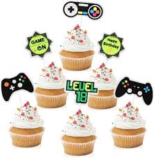 18 x Video Game Cupcake Toppers - Gaming Level Up 18 Party Glitter  Controller Cupcake Topper Accessories - Boys 18th Birthday Game at Party  Dessert ...