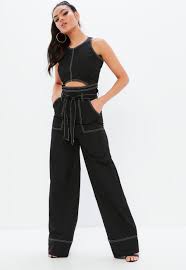 Madison Beer X Missguided Black Contrast Stitch Wide Leg Trousers Missguided Pants For Women Fashion Outfits Contrast Stitch