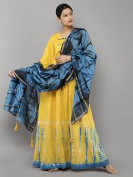 Black And Yellow Tie Dye Dress Yellow Indigo Tie And Dye Cotton Dress With Chanderi Dupatta Set Of 2 Tie Dye Dress Batik Dress Dyed Dress