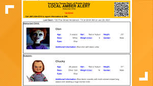 Columbus, ohio (wjw) — an ohio amber alert issued by the columbus police department tuesday morning has been canceled after the baby was found. Texas Dps Incorrectly Sends Chucky Doll Amber Alert Ohio News Time