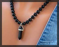Black Onyx Necklace Onyx Beaded Necklace With Onyx Point Pendant Mens Crystal Hexagon Necklace Black Crystal Ne Onyx Necklace Healing Necklace Hexagon Necklace
