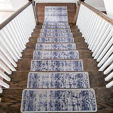 This stair tread is manufactured from olefin carpet, so expect it to be stain resistant. Amazon Com Softwoven Rugs Stair Treads Carpet Landing Non Slip Stair Rugs Modern Printed Design Soft Runner For Indoor Wooden Step Set Of 13 9 X32 1 31 X31 Blue Home Kitchen