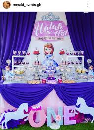 1st Birthday Cake Table Decoration Ideas Sofia The First Birthday Party Dessert Table And Decor First Birthday Party Decorations Pink And Gold Birthday Party Birthday Party Centerpieces