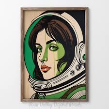 Retro Pop Art Astronaut, Female Woodblock Print Home Decor, Digital Print