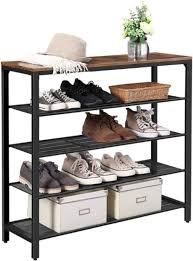 mira home schoenenrek vintage 4 roostervlakken metaal hout industrieel zwart shoe rack shoe rack with shelf shelves