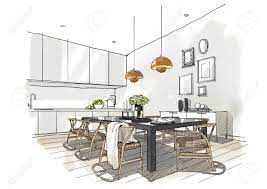 Space drawing ideas one point perspective drawing room rbdworld. Interior Sketch Of Dining Room Illustration Painting Stock Photo Picture And Royalty Free Image Image 93199923