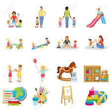 Kindergarten Set Of Flat Icons With Babysitter And Kids Swing Toys Paints And Books Isolated Vector Illustration Sponsored Icons Babysitt In 2020 Kinder Garten
