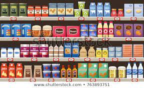 Supermarket Shelves With Products And Drinks Vector Supermarket Grocery Store Design Supermarket Shelves