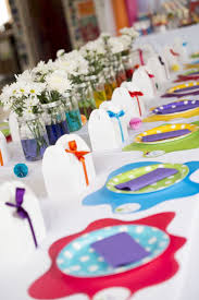 A formal party tends to be a little different in its table decor than informal occasions where every detail has to be planned well in advance by hosts. Little Artist Rainbow Birthday Party Mint Event Design Birthday Party Tables Rainbow Birthday Party Art Birthday Party