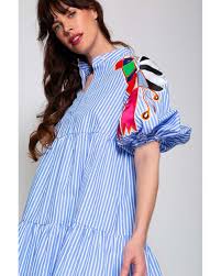 Robe à manches ballon, à shopper chez h&m. Stella Jean Robe Rayee En Coton Avec Manches Ballon Et Broderies Longueur Genoux Bleu Pour Femme